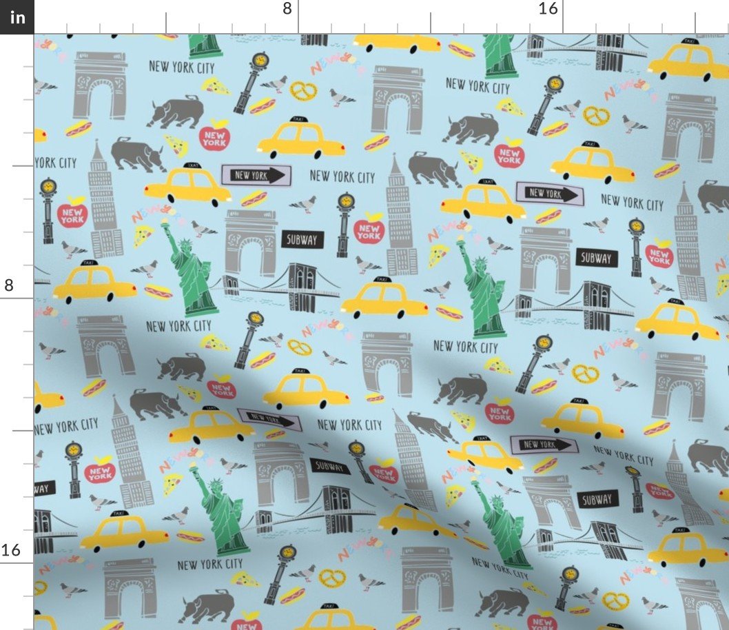 New York City Handdrawn Motifs Empire State, Statue of Liberty, Yellow Taxi, Fifth Avenue Clock, Bull of Wall Street, Washington Arch, Brooklyn Bridge and Street food on Blue Fabric