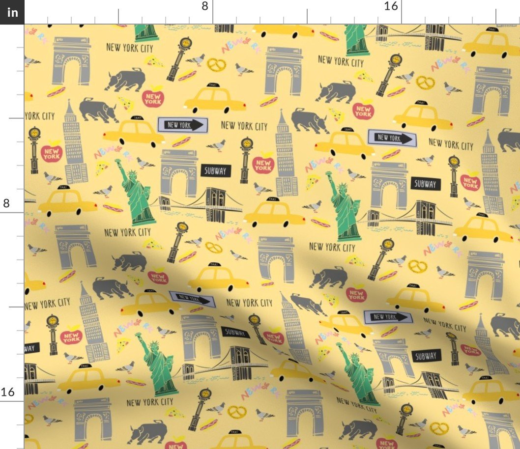 New York City Handdrawn Motifs Empire State, Statue of Liberty, Yellow Taxi, Fifth Avenue Clock, Bull of Wall Street, Washington Arch, Brooklyn Bridge and Street food on Yellow Fabric