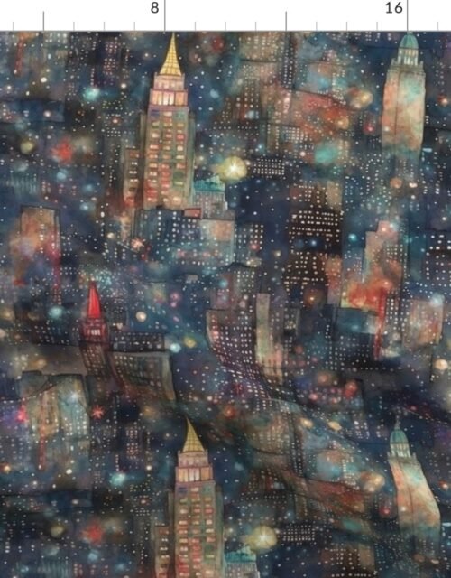 New York City at New Year's in Watercolors with Fairy Lights and Landmarks Fabric