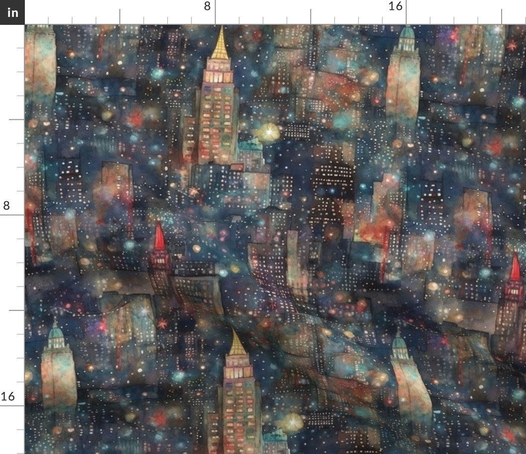 New York City at New Year’s in Watercolors with Fairy Lights and Landmarks Fabric New York City at New Year's in Watercolors with Fairy Lights and Landmarks Fabric