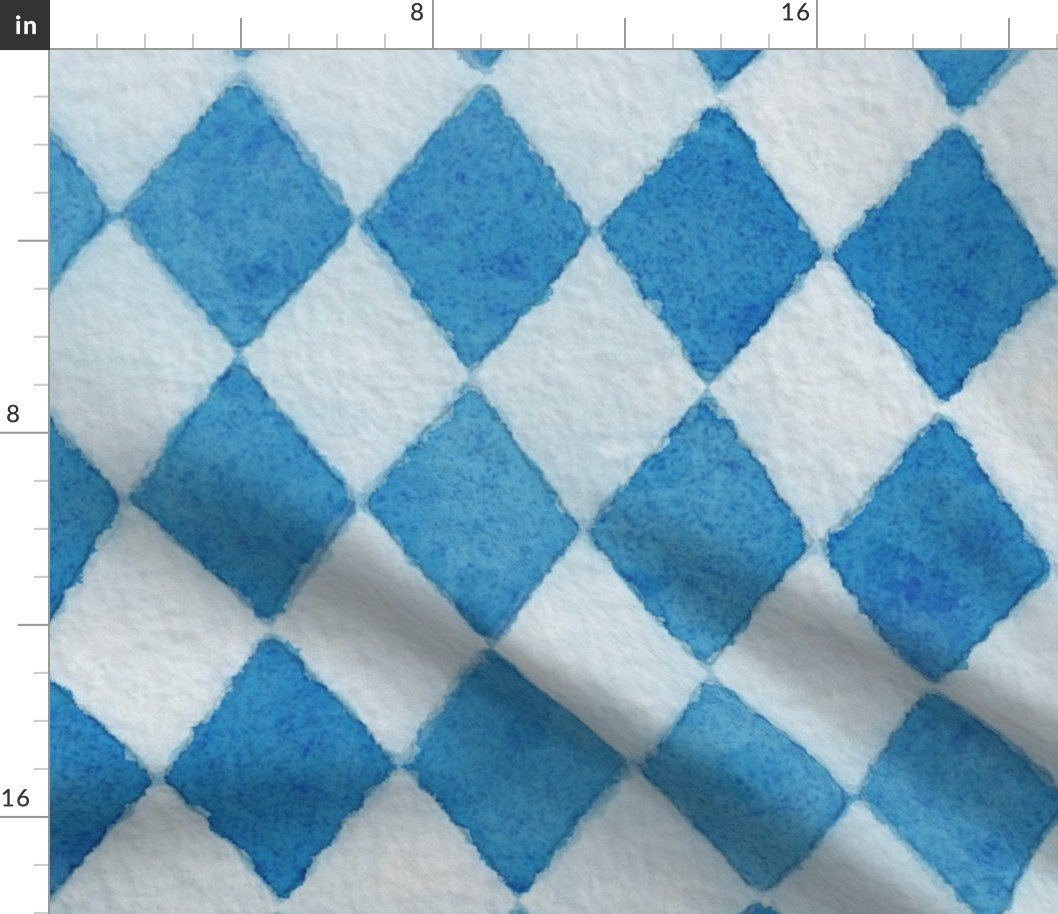 Oktoberfest Bavarian Beer Festival Blue and White Watercolored 4 inch Diagonal Diamond Pattern Fabric