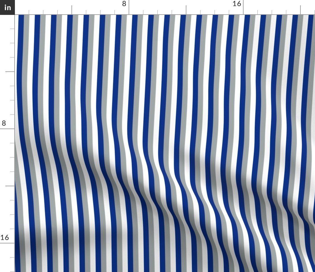 One Inch Vertical Grey, Blue and White OL School Tri-Colors Stripes Fabric