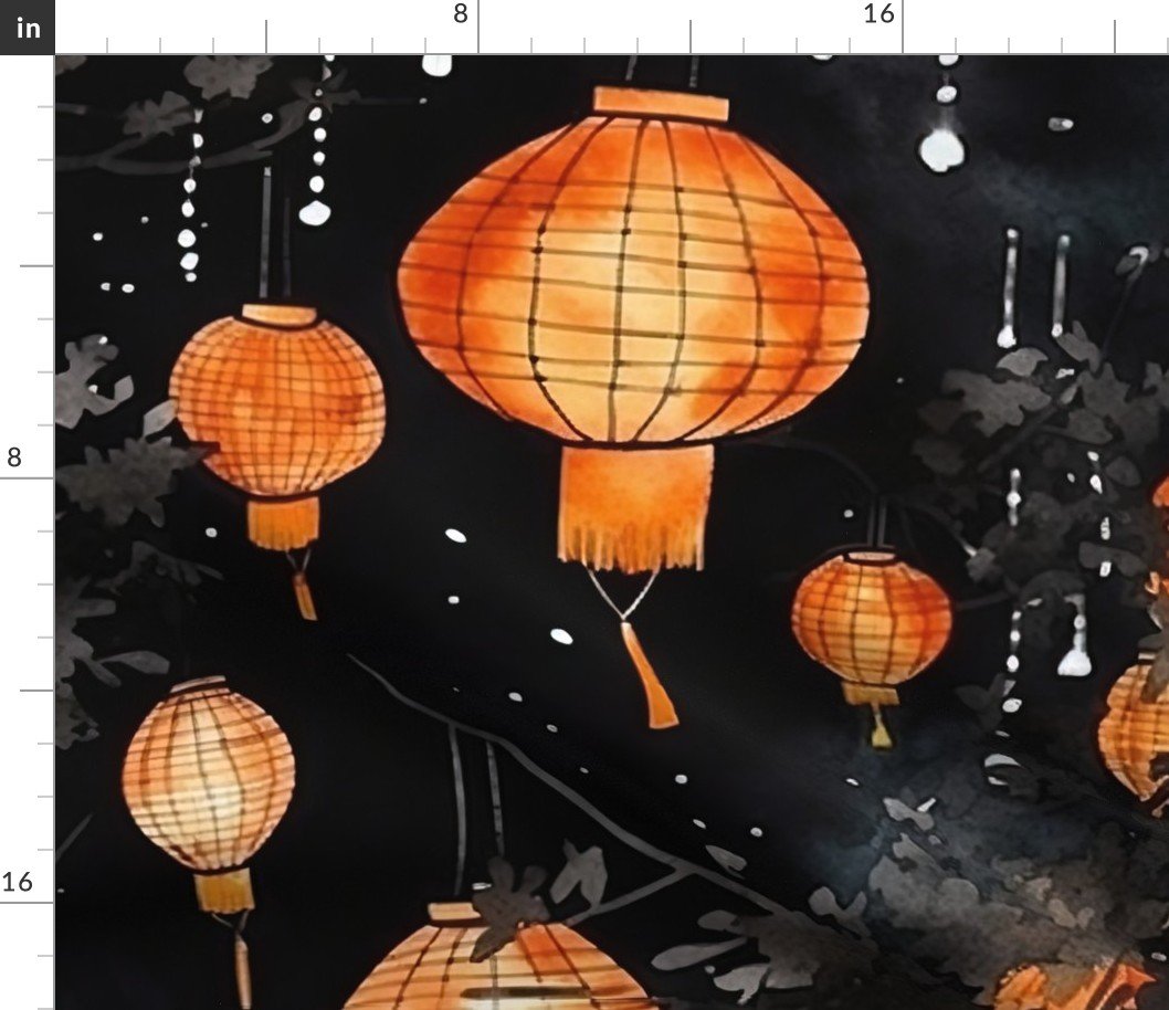 Orange Glowing Chinese Paper Lanterns Watercolor Fabric