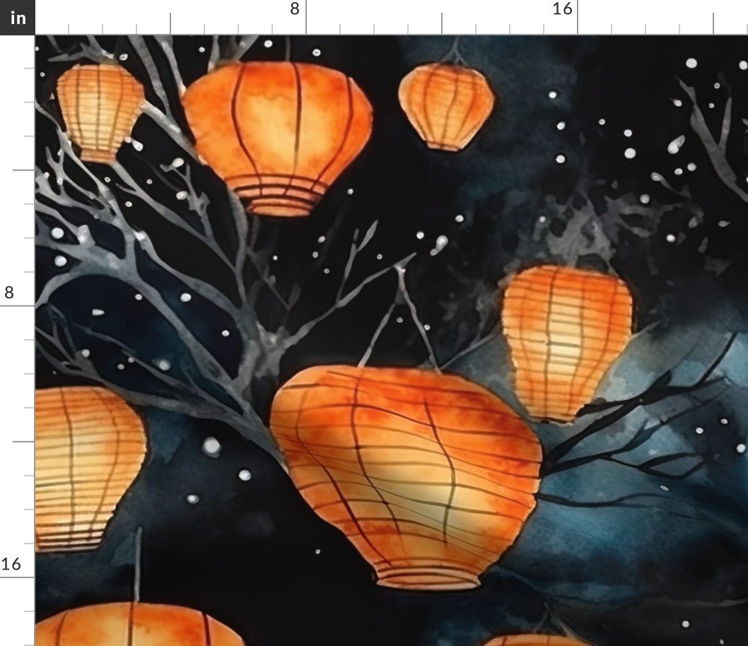 Orange Glowing Chinese Paper Lanterns Watercolor Fabric Orange Glowing Chinese Paper Lanterns Watercolor Fabric
