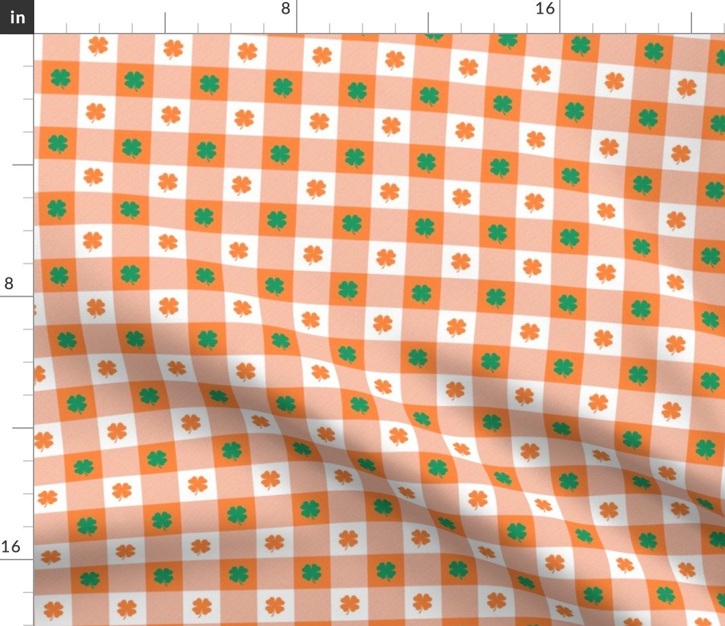 Orange and White Gingham Check with Center Shamrock Medallions in Kelly and Orange Fabric Orange and White Gingham Check with Center Shamrock Medallions in Kelly and Orange Fabric