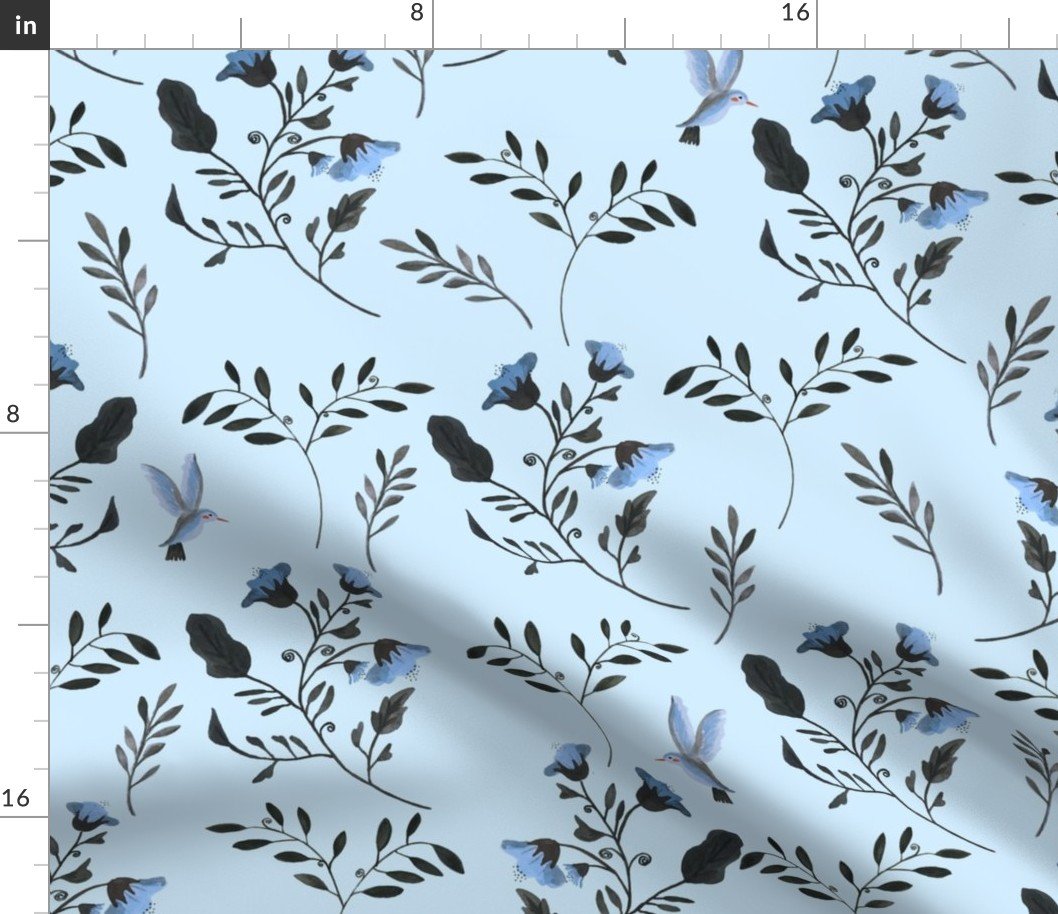 Pale Blue Bluebells and Bluebirds Floral Pattern on Pale Blue Fabric