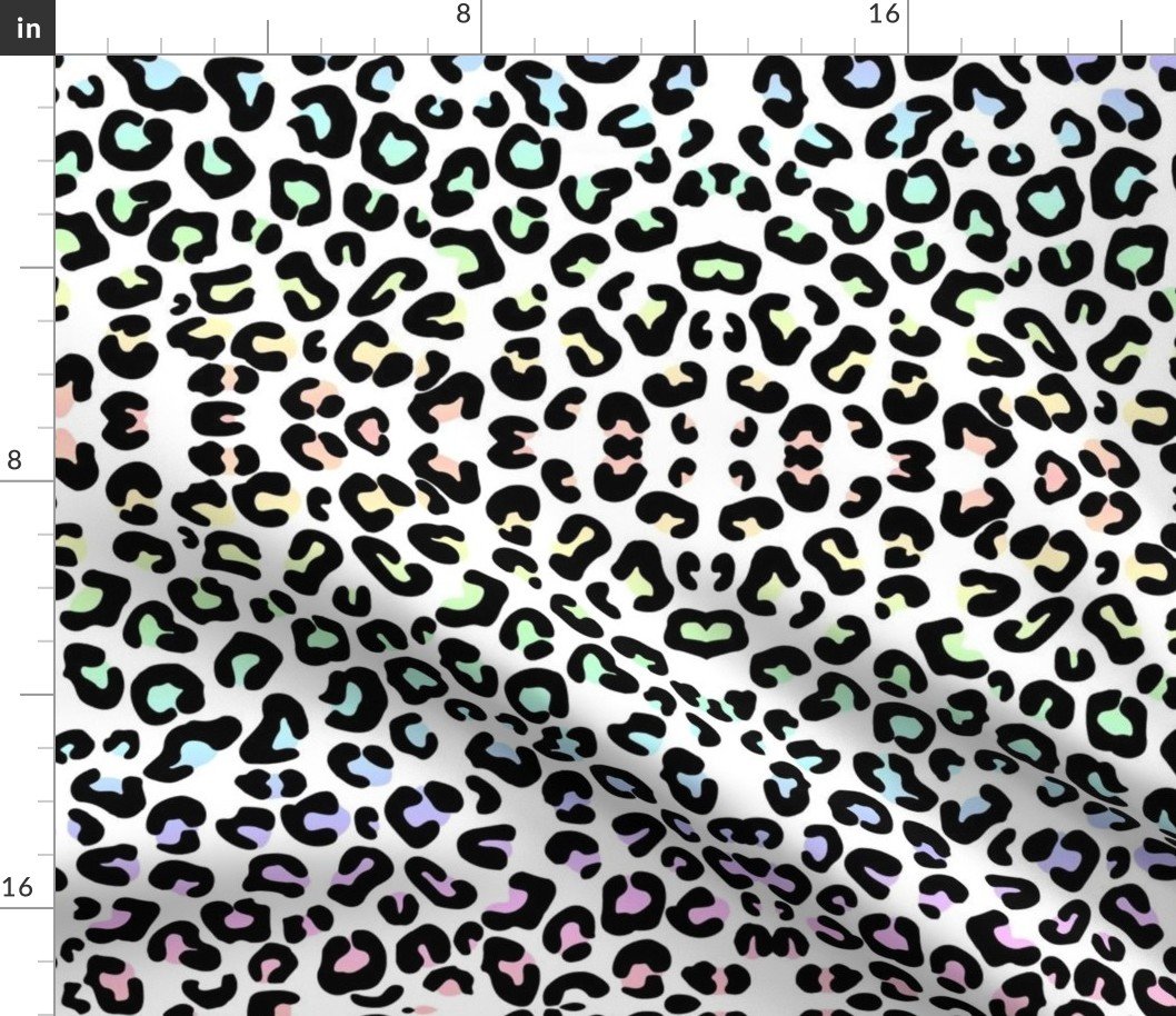 Pale Pastel Rainbow Colored Leopard Spots on White Fabric