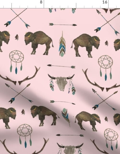 Pale Pink Buffalo Handpainted Western Motifs Fabric