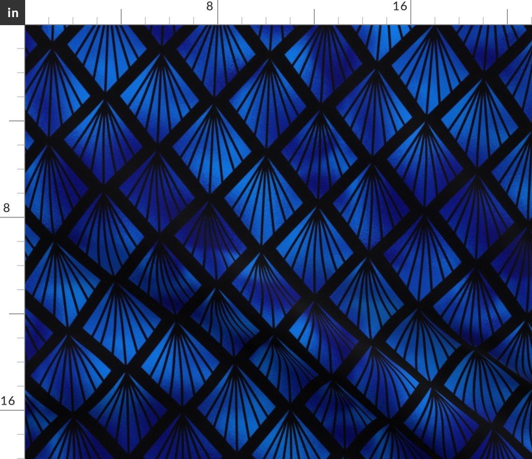 Palm Fans in Black and Classic Blue Vintage Faux Foil Art Deco Vintage Foil Pattern Fabric