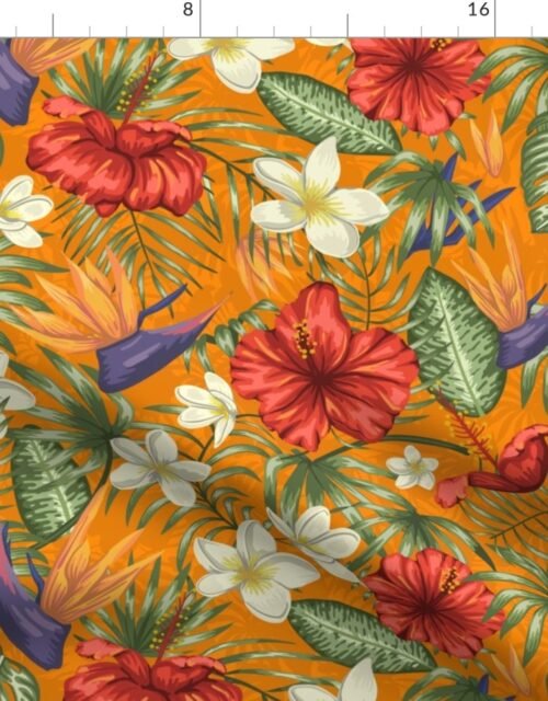 Papaya Orange and Red Tropical Rainforest Birds of Paradise Fabric