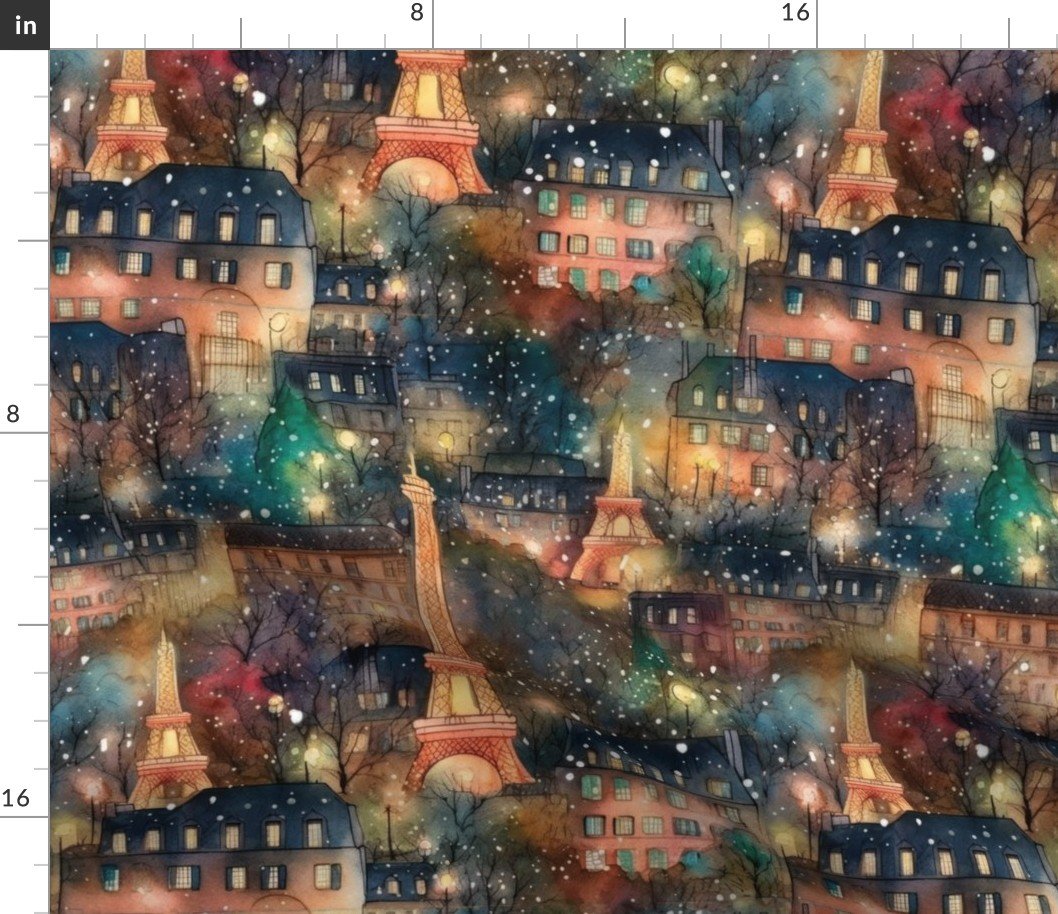 Paris City Christmas Street Watercolor in Multi Fabric