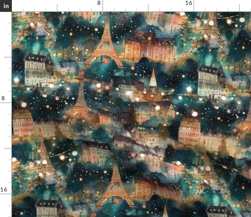 Paris City Christmas Street Watercolor in Teal Fabric