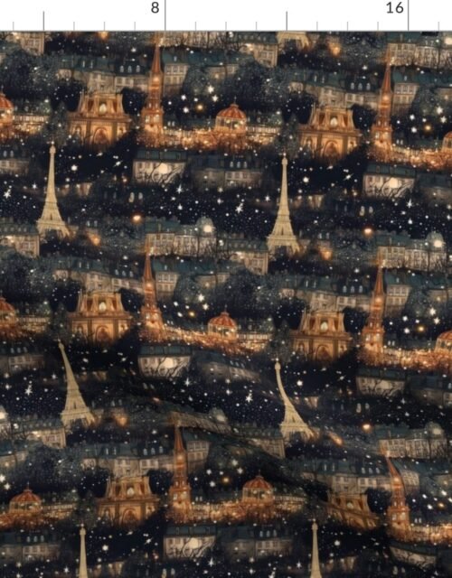 Paris City Christmas at Midnight Street Watercolor Fabric