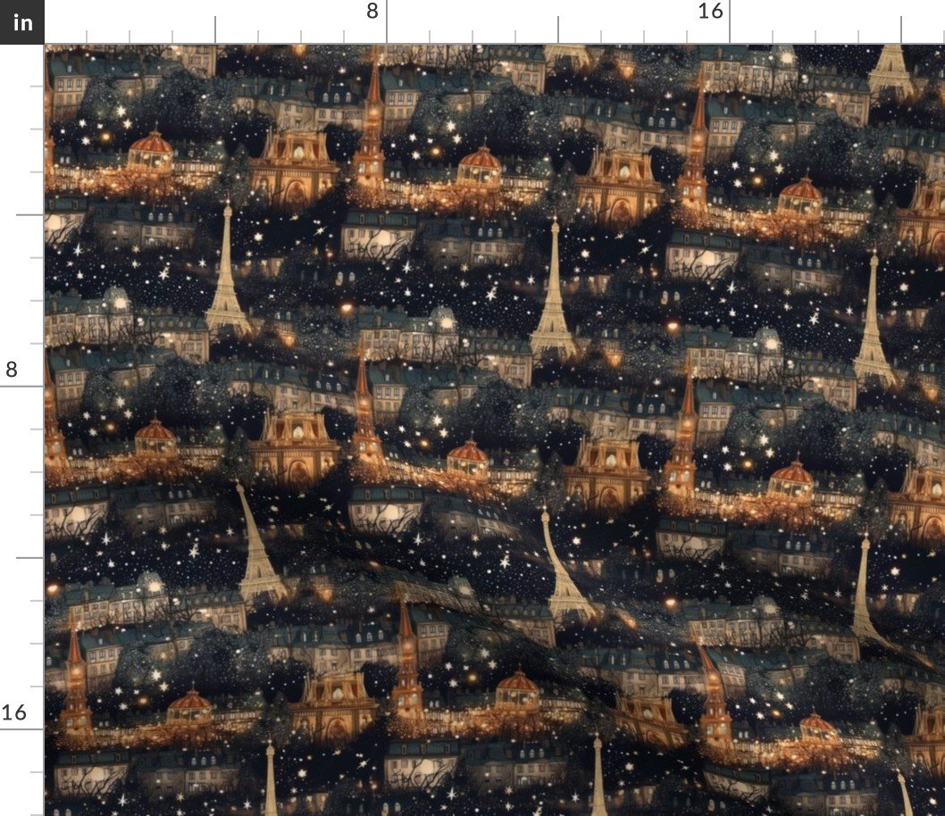 Paris City Christmas at Midnight Street Watercolor Fabric