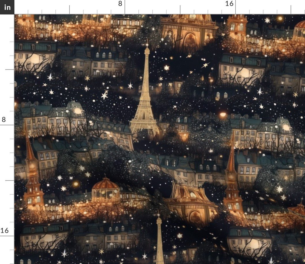 Paris City Christmas at Midnight Street Watercolor Fabric