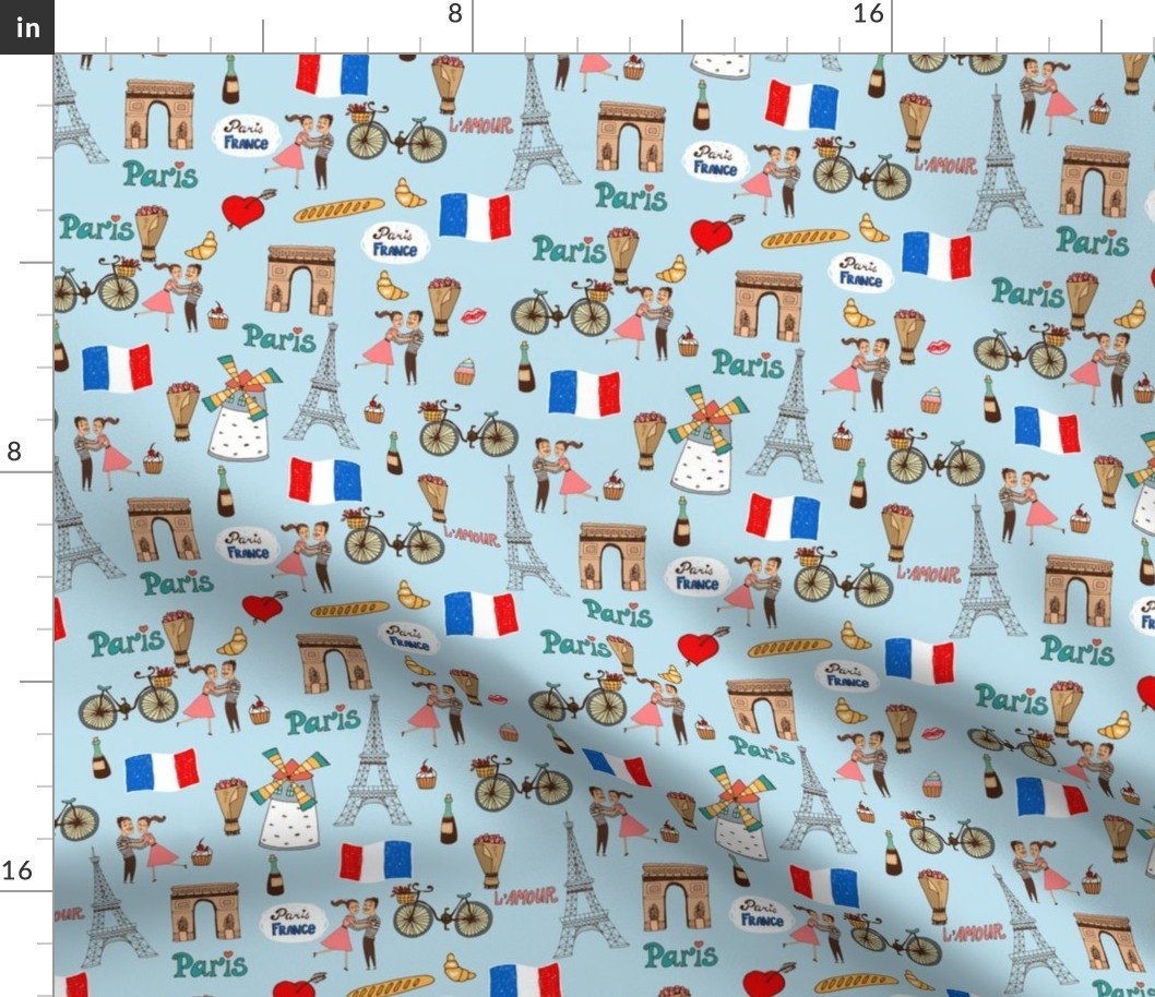 Paris France Handdrawn Motifs Eiffel Tower, Baguettes, Arc de Triomphe, Tricolor on Blue Fabric Paris France Handdrawn Motifs Eiffel Tower, Baguettes, Arc de Triomphe, Tricolor on Blue Fabric