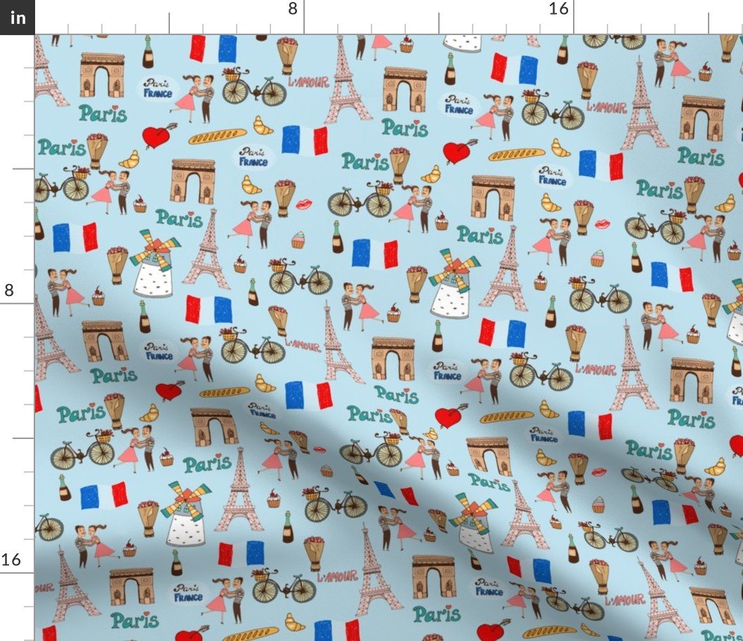 Paris France Handdrawn Motifs Eiffel Tower, Baguettes, Arc de Triomphe, Tricolor on Blue Fabric Paris France Handdrawn Motifs Eiffel Tower, Baguettes, Arc de Triomphe, Tricolor on Blue Fabric