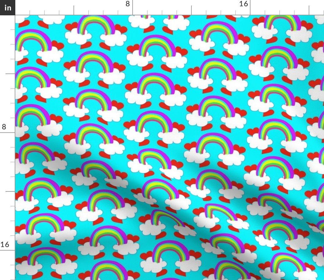 Pastel Rainbow Bridge On Aqua with Red Love Hearts and White Clouds Fabric