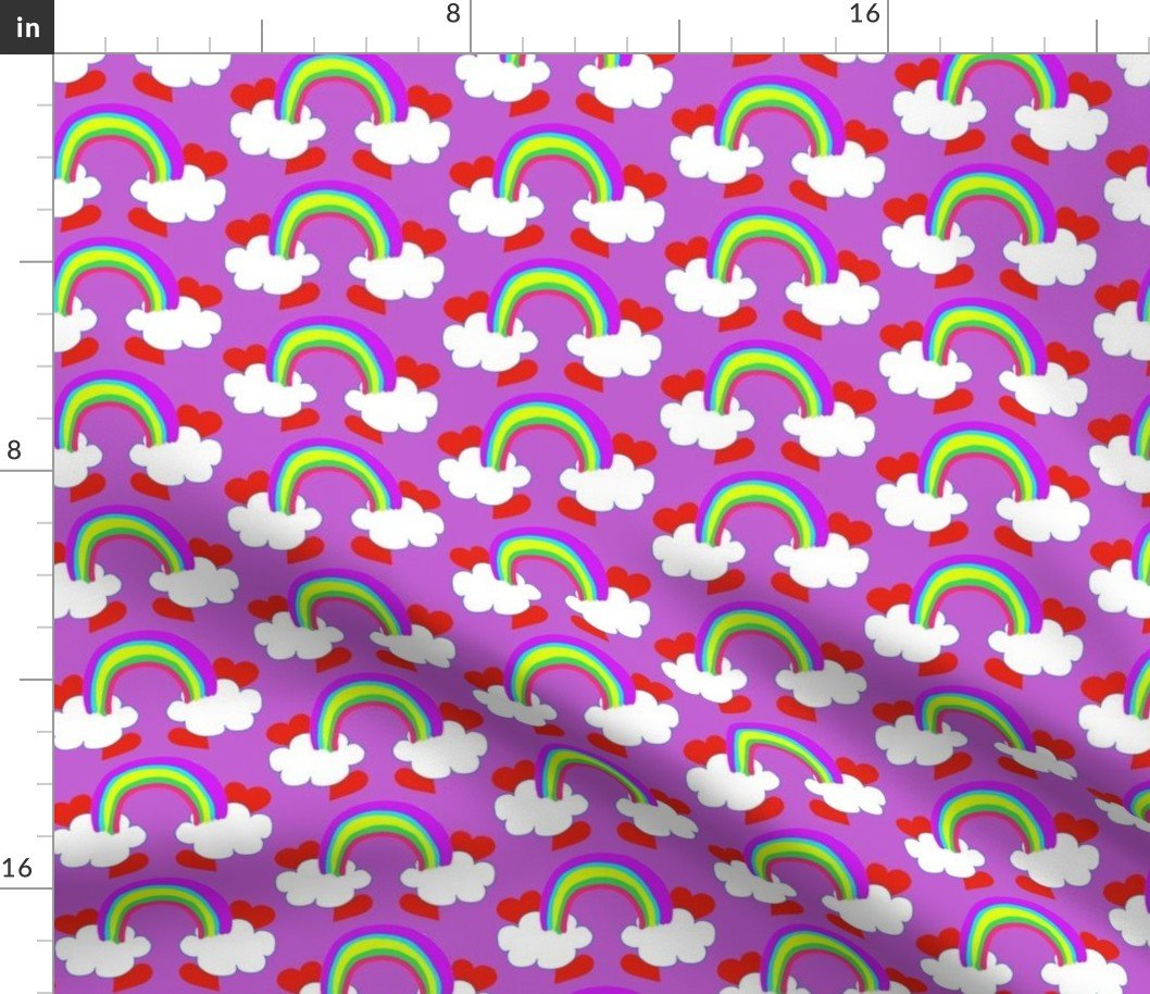 Pastel Rainbow Bridge On Lilac with Red Love Hearts and White Clouds Fabric