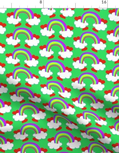 Pastel Rainbow Bridge On Mint with Red Love Hearts and White Clouds Fabric