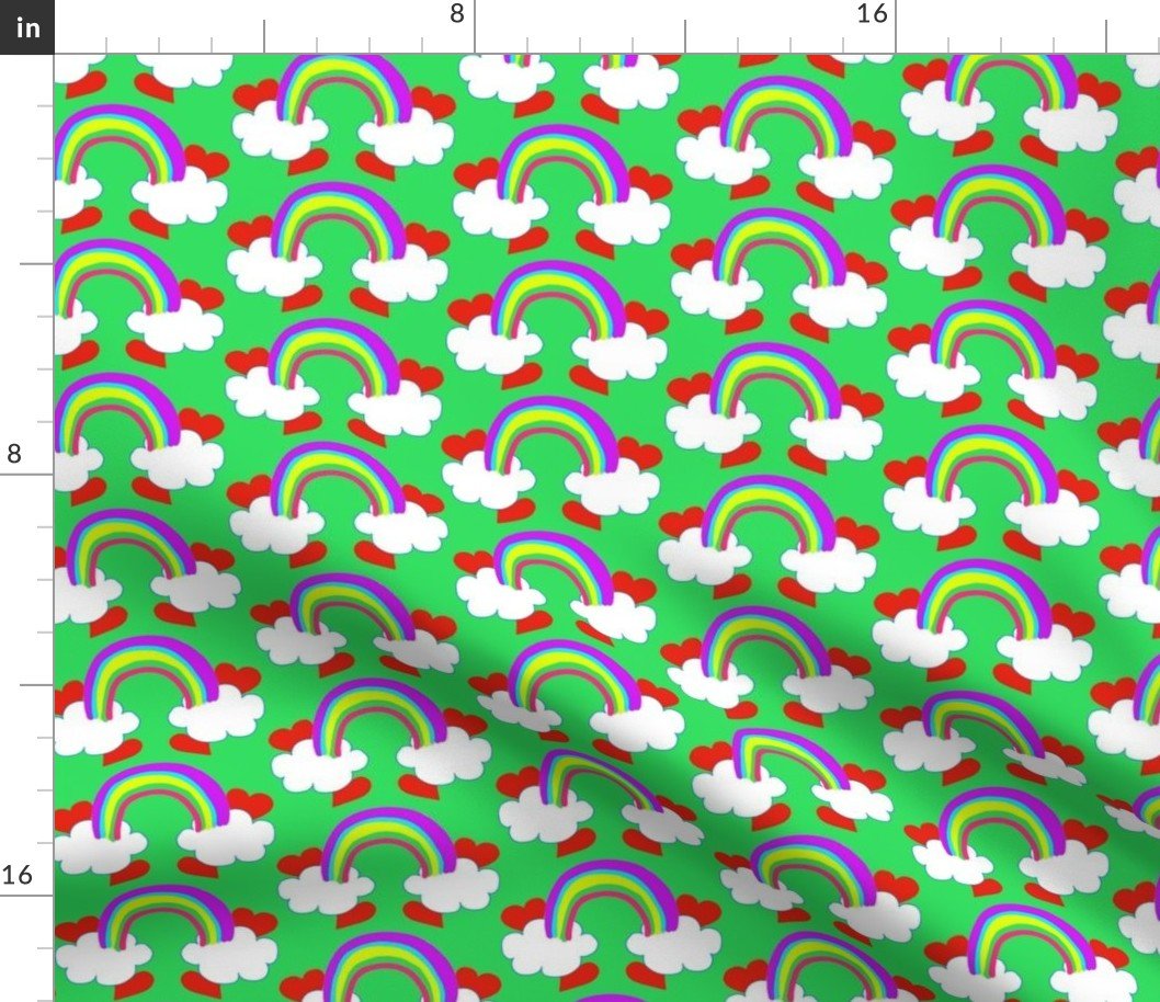 Pastel Rainbow Bridge On Mint with Red Love Hearts and White Clouds Fabric