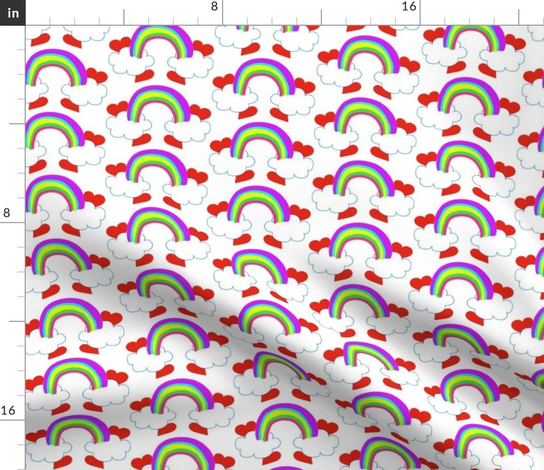 Pastel Rainbow Bridge On White with Red Love Hearts and White Clouds Fabric