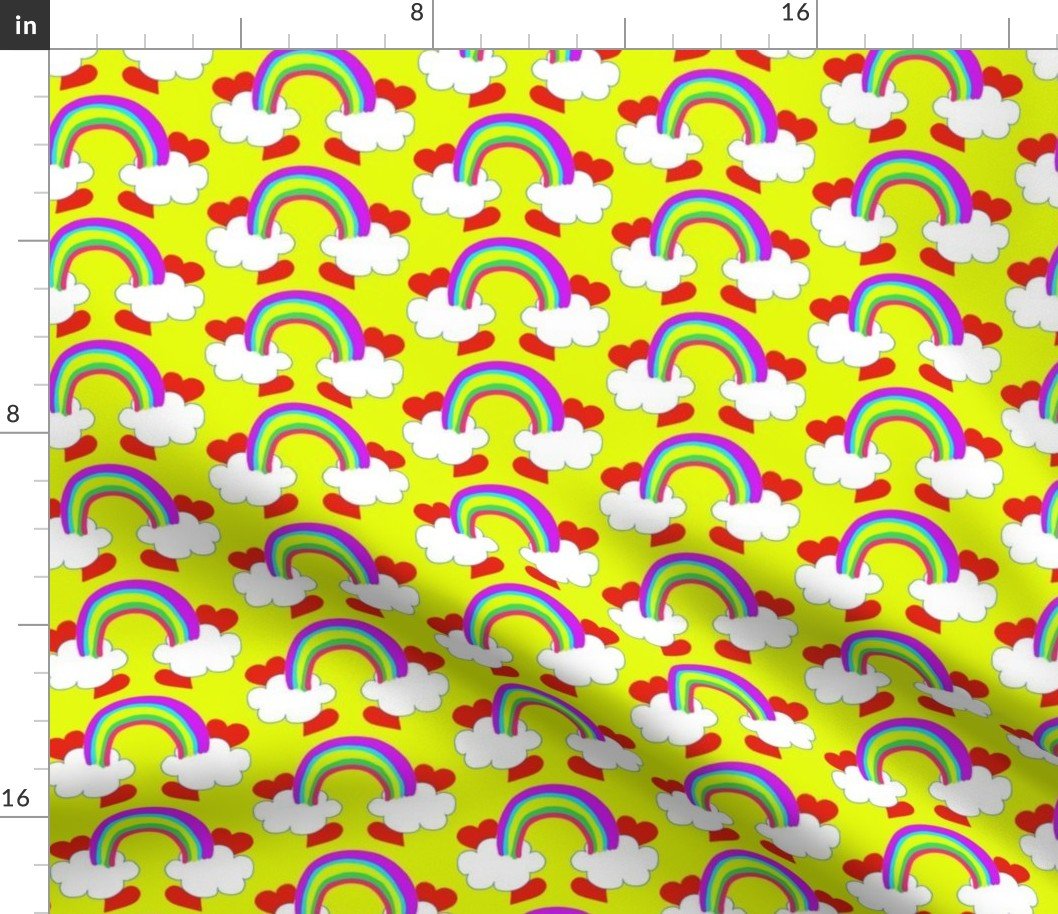Pastel Rainbow Bridge On Yellow with Red Love Hearts and White Clouds Fabric