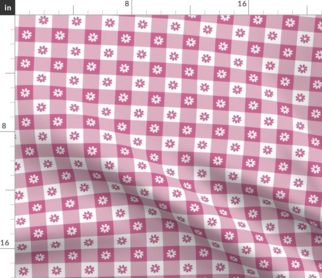Peony Pink and White Gingham Check with Center Floral Medallions in Peony and White Fabric