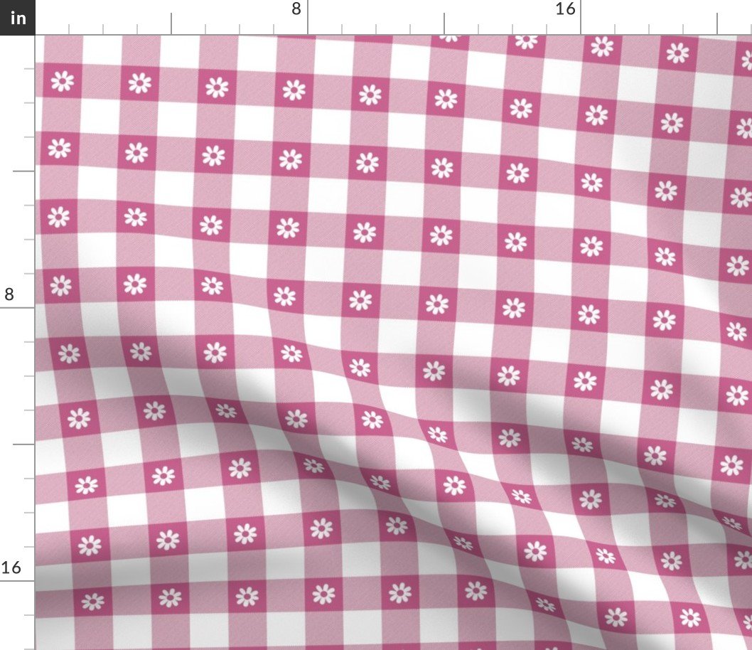 Peony Pink and White Gingham Check with Center Floral Medallions in White Fabric