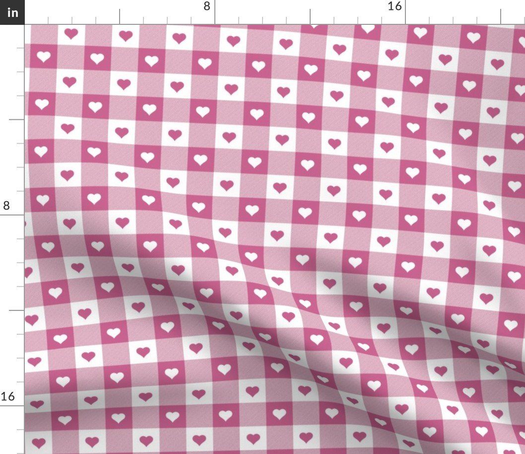 Peony and White Gingham Valentines Check with Center Heart Medallions in Peony and White Fabric