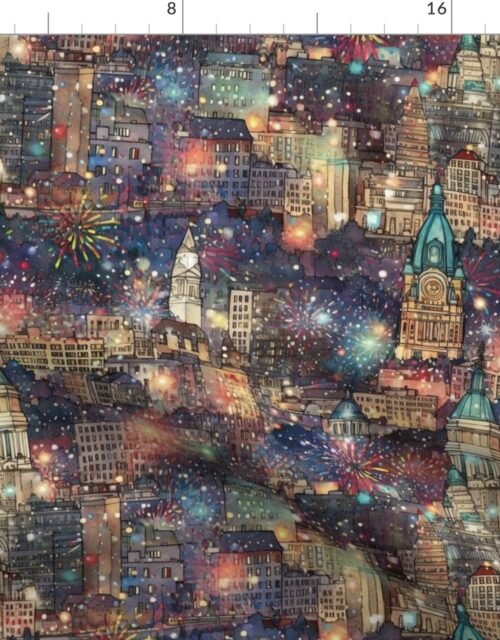 Philadelphia at New Year's in Watercolors with Fairy Lights and Landmarks Fabric