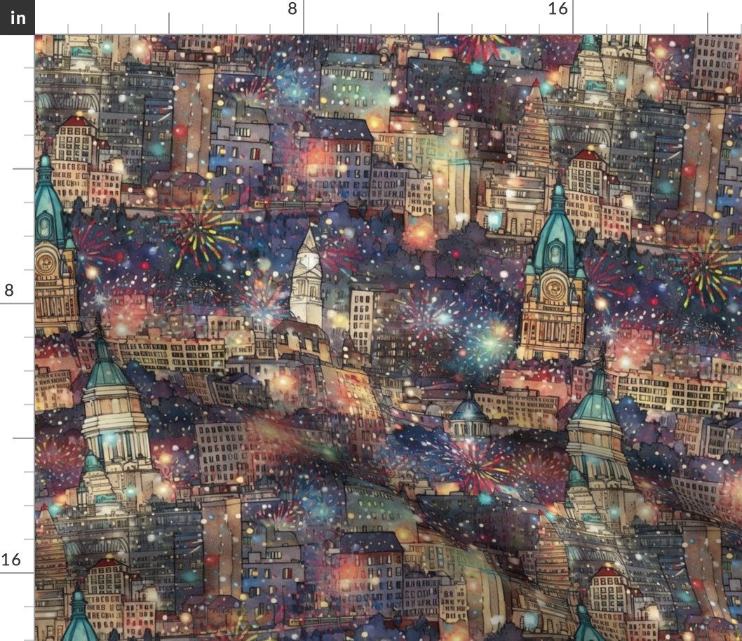 Philadelphia at New Year’s in Watercolors with Fairy Lights and Landmarks Fabric Philadelphia at New Year's in Watercolors with Fairy Lights and Landmarks Fabric