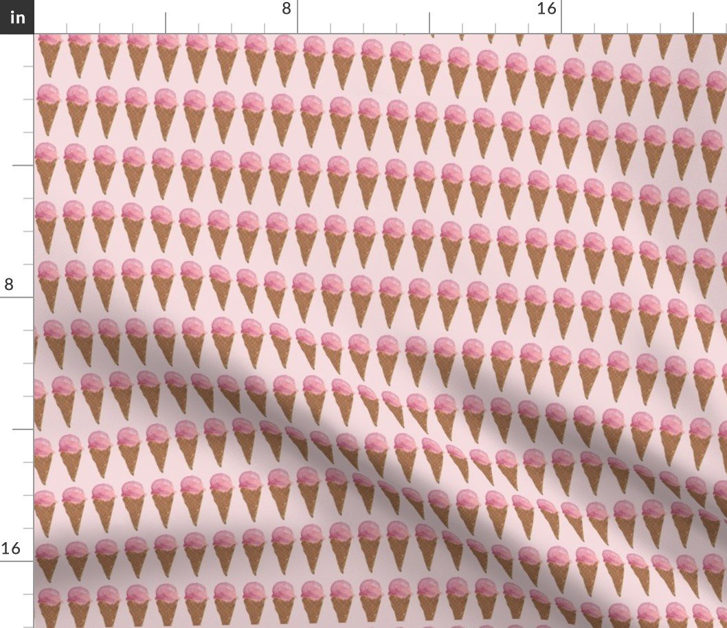 Pink Strawberry Ice Cream Waffle Cone Hand Painted Watercolor Pattern Fabric
