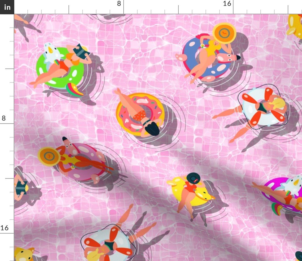 Pink Summer Pool Party with Ring Floats and Swimmers Fabric Pink Summer Pool Party with Ring Floats and Swimmers Fabric