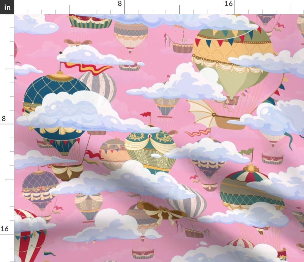 Pink Vintage Ornamental Winged Hot Air Helium Balloons in Clouds Race Fabric Pink Vintage Ornamental Winged Hot Air Helium Balloons in Clouds Race Fabric