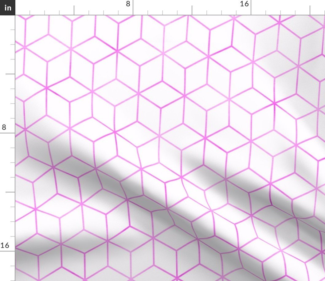 Pink and White  Faux Metallic Silver Art Deco 3D Geometric Cubes Fabric