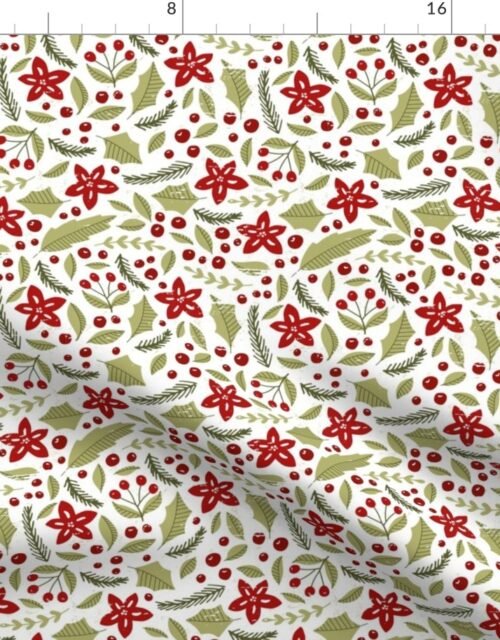 Poinsettias and Bay Laurel and Evergeen Sprigs and Holly Leaves Small Pattern on White Fabric