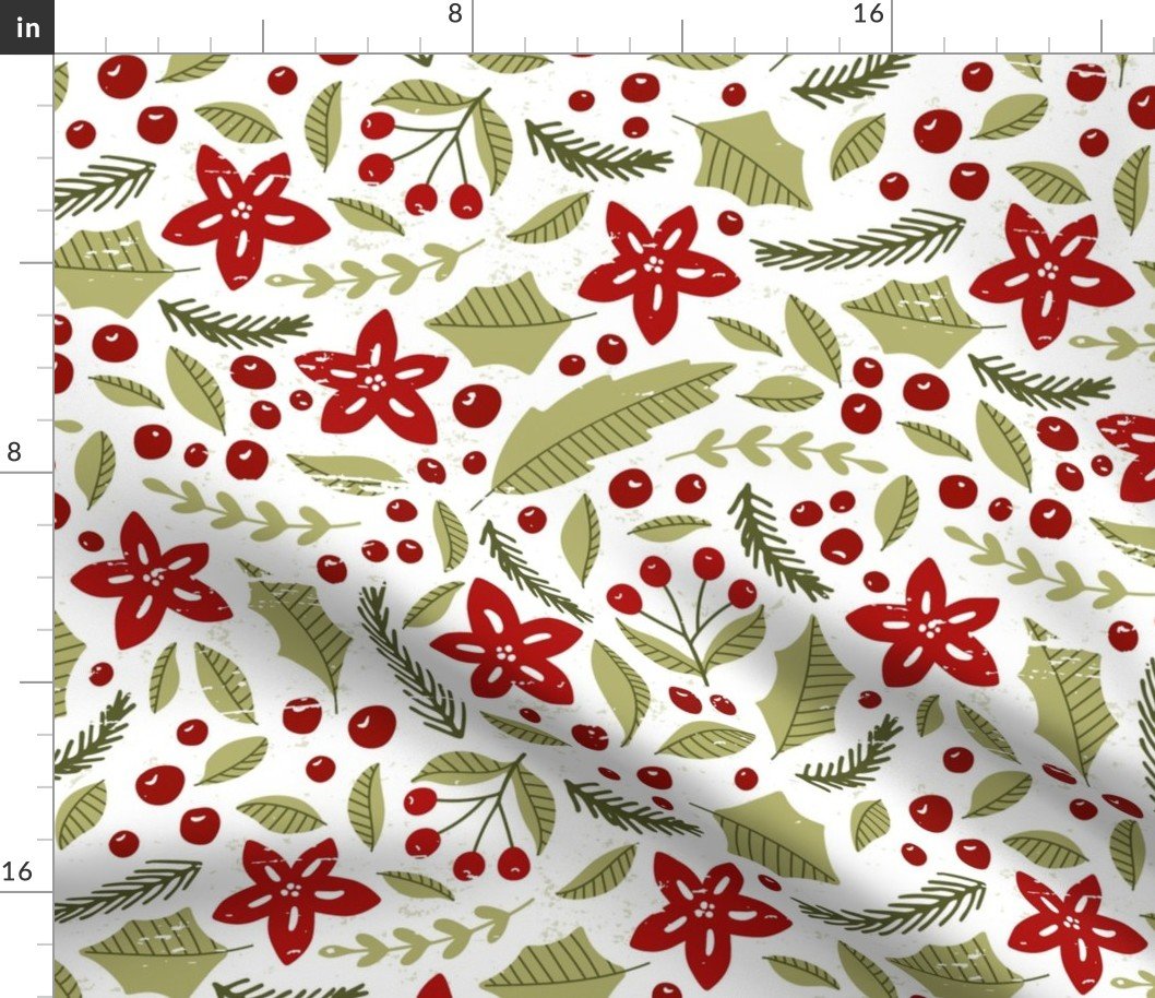 Poinsettias and Bay Laurel and Evergreen Sprigs and Holly Leaves Jumbo Pattern on White Fabric Poinsettias and Bay Laurel and Evergreen Sprigs and Holly Leaves Jumbo Pattern on White Fabric