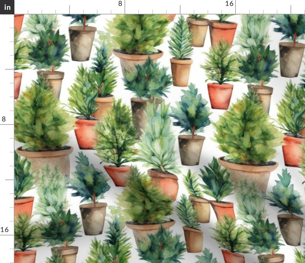 Potted Fir and Evergreen Tree Plants Watercolor Fabric Potted Fir and Evergreen Tree Plants Watercolor Fabric