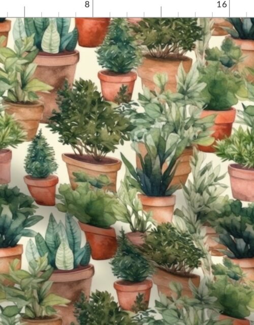 Potted Fir and Evergreen Tree Plants Watercolor Fabric
