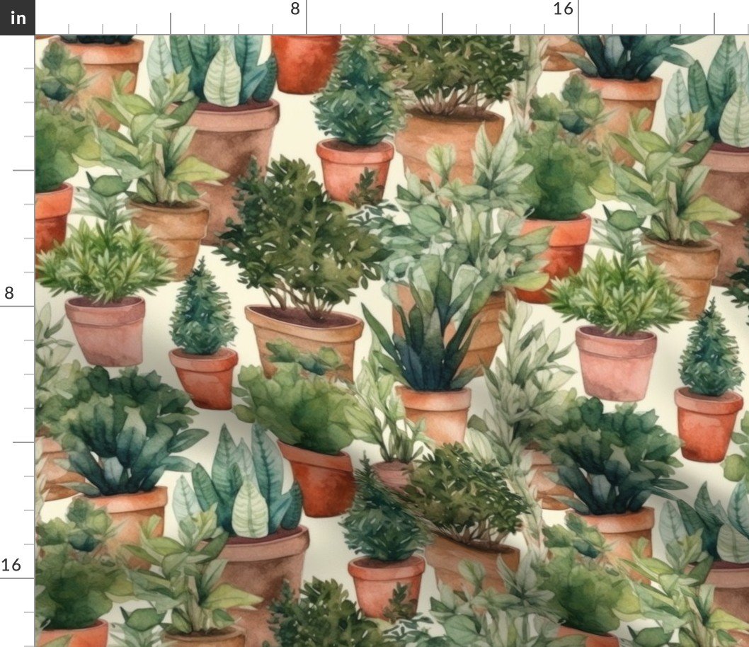 Potted Fir and Evergreen Tree Plants Watercolor Fabric