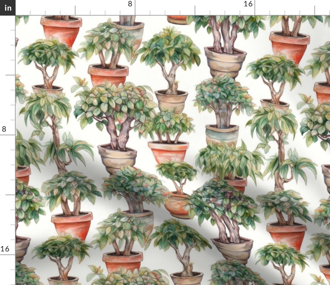 Potted Green  Baby Banyan Tree Plants Watercolor Fabric