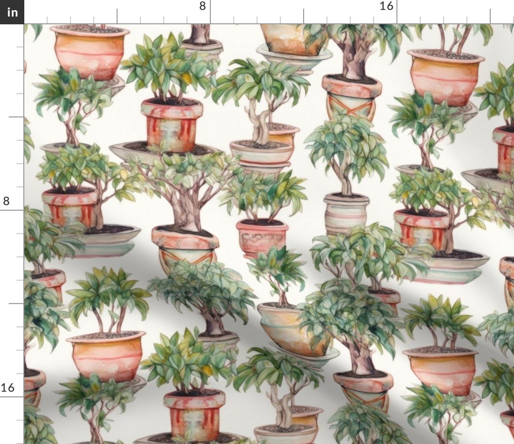 Potted Green Baby Banyan Tree Plants Watercolor Fabric Potted Green Baby Banyan Tree Plants Watercolor Fabric