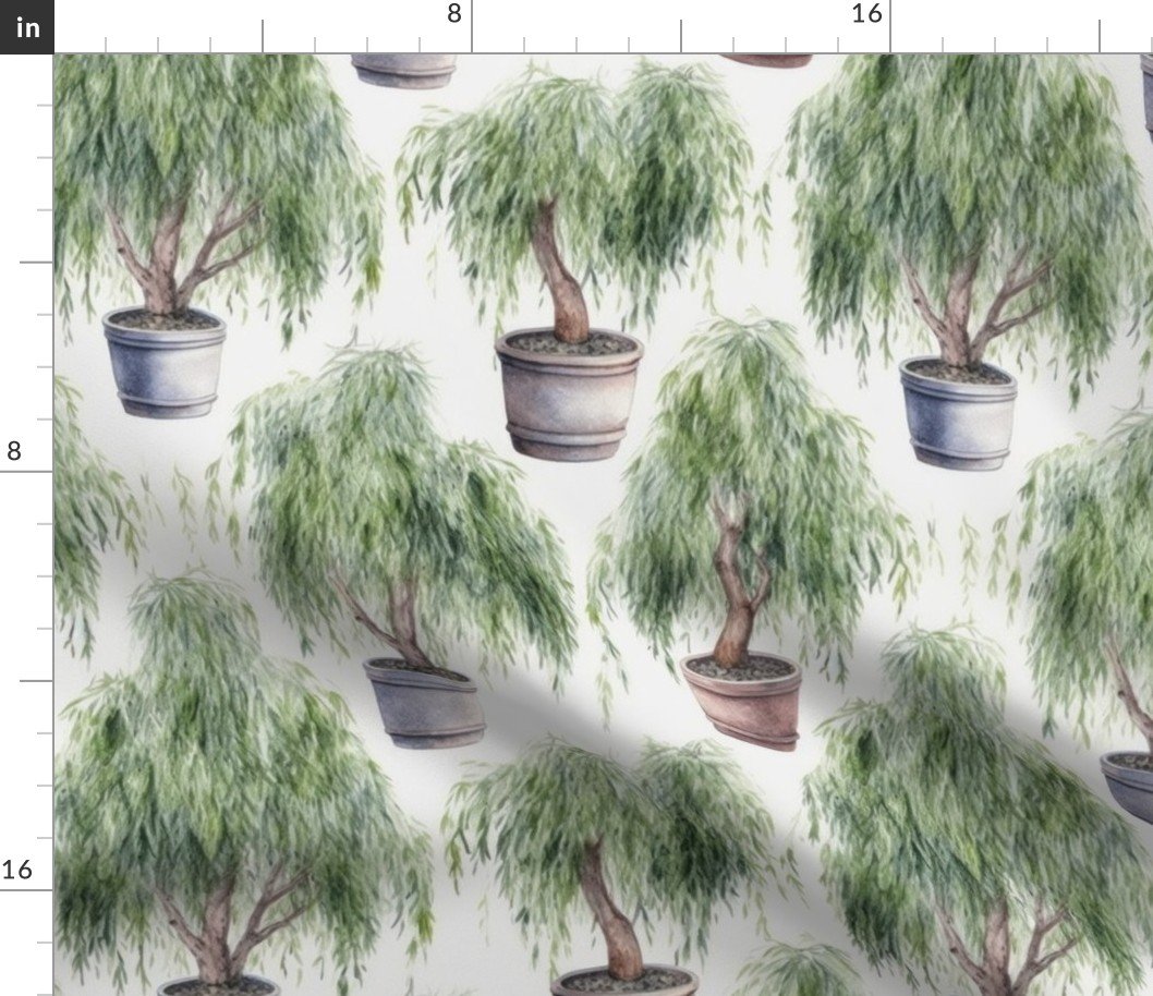 Potted Green  Baby Weeping Willow Tree Plants Watercolor Fabric