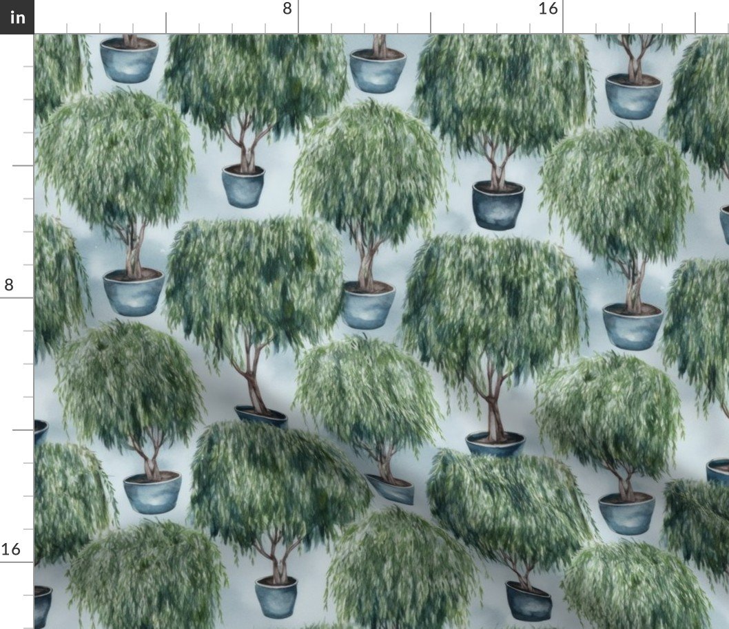 Potted Green Baby Weeping Willow Tree Plants Watercolor on Pale Blue Fabric Potted Green Baby Weeping Willow Tree Plants Watercolor on Pale Blue Fabric