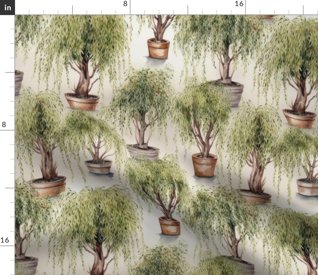 Potted Green  Baby Willow Tree Plants Watercolor Fabric
