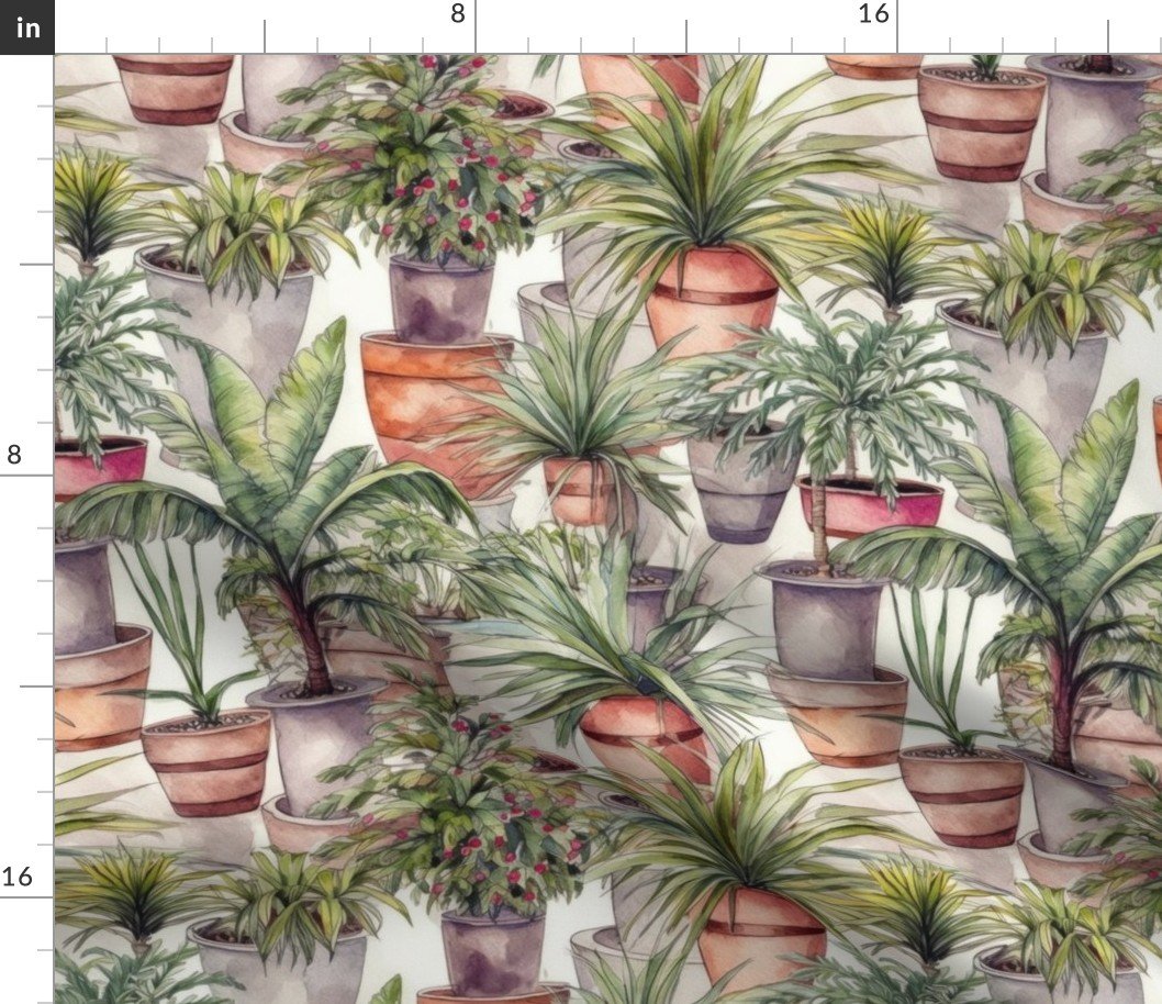 Potted Green House Palms Watercolor Fabric Potted Green House Palms Watercolor Fabric
