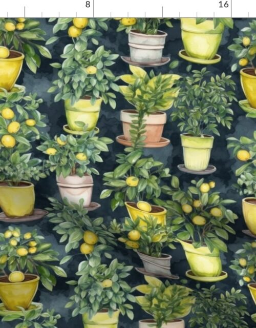 Potted Lemon Trees Watercolor on Dark Green Fabric