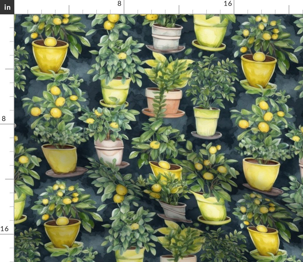 Potted Lemon Trees Watercolor on Dark Green Fabric