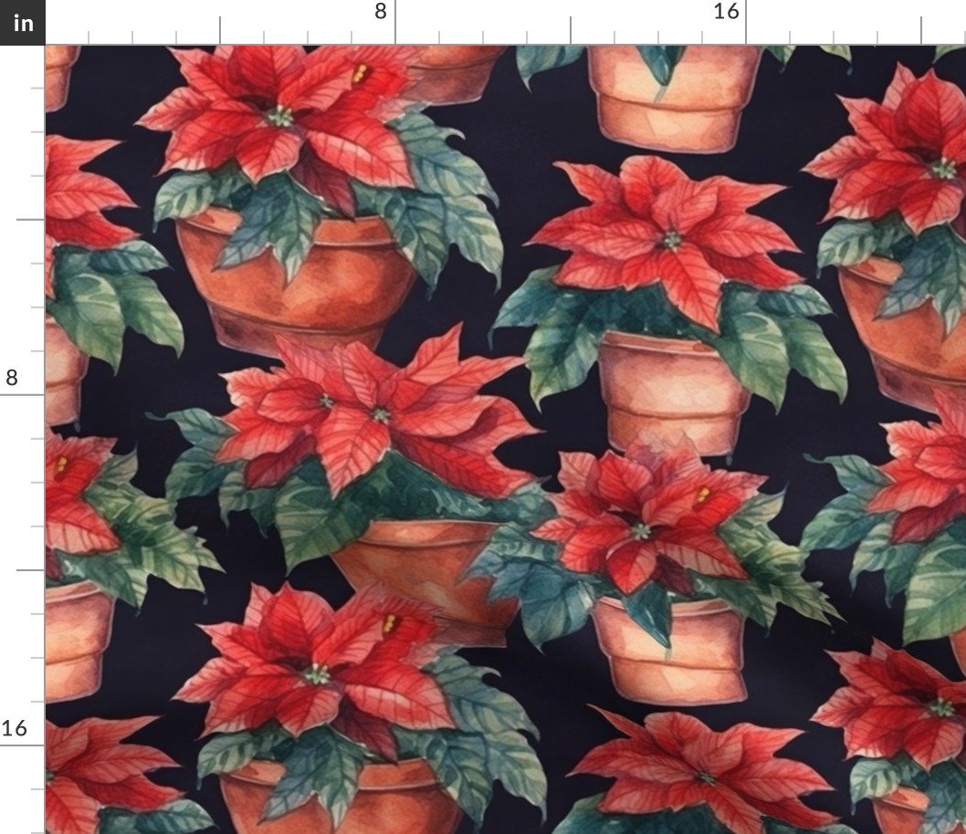 Potted Red Christmas Poinsettias Watercolor on Black Fabric Potted Red Christmas Poinsettias Watercolor on Black Fabric